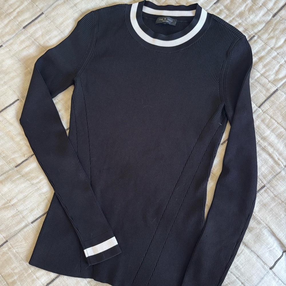 Rag & Bone Black Ribbed Top with White Accents, Size M